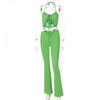 Drawstring Top and High Waist Flared Pant Set