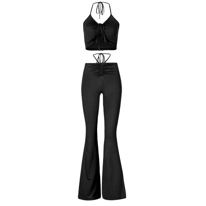 Drawstring Top and High Waist Flared Pant Set