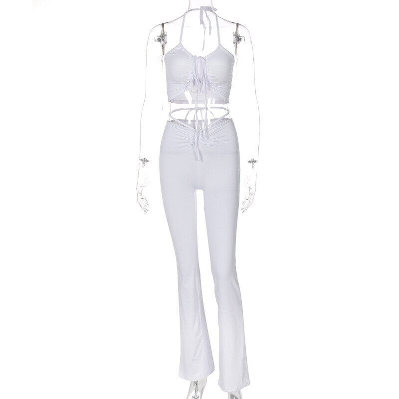 Drawstring Top and High Waist Flared Pant Set