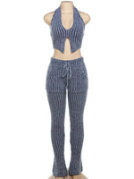 Striped Crochet Halter V-Neck Vest & Pant  Set