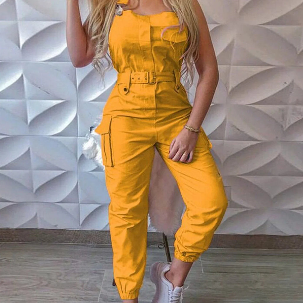 Ankle Tied Shoulder Strap Cargo Jumpsuit