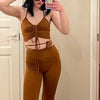 Drawstring Top and High Waist Flared Pant Set